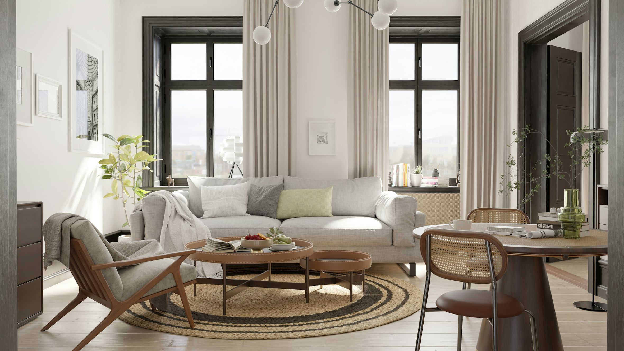 Jasny salon z sofą, okrągłym stołem i dużymi oknami w mieszkaniu z instalacją smart home